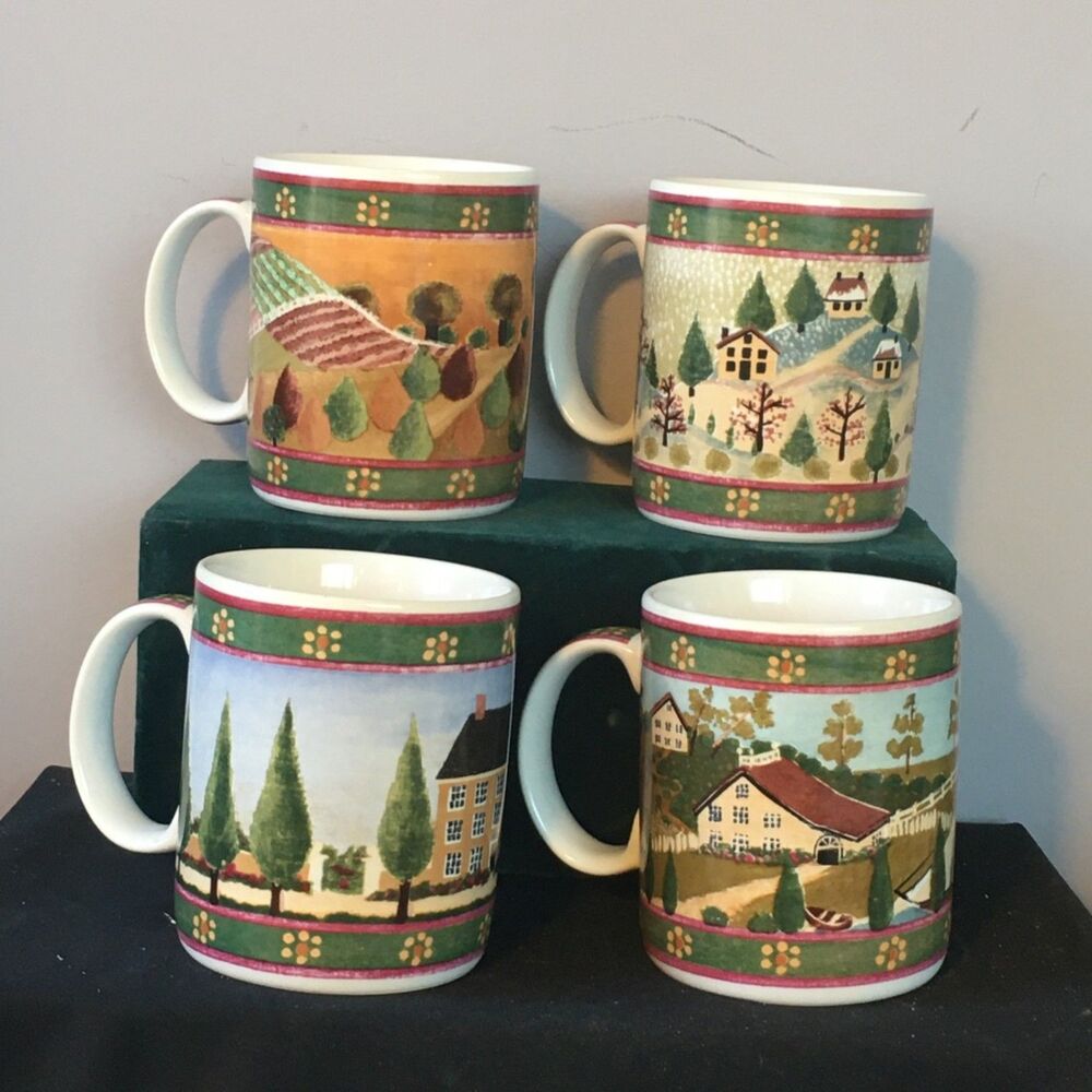 Block Country Village Vintage 4 Mug set by GEAR made in Indonesia 1995